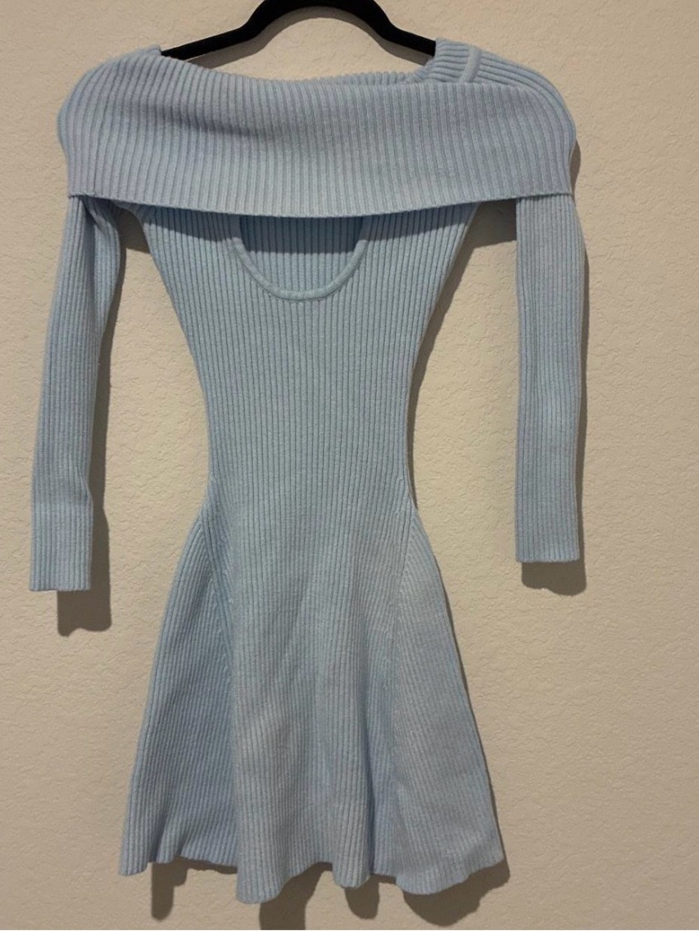 Off-Shoulder Ribbed Knit Mini Dress - Light Blue - Picture 2 of 3